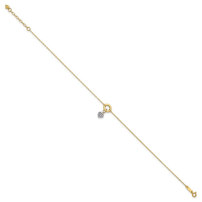 14K Two-tone Circle with Diamond-cut Puffed Heart Dangle 10" Anklet