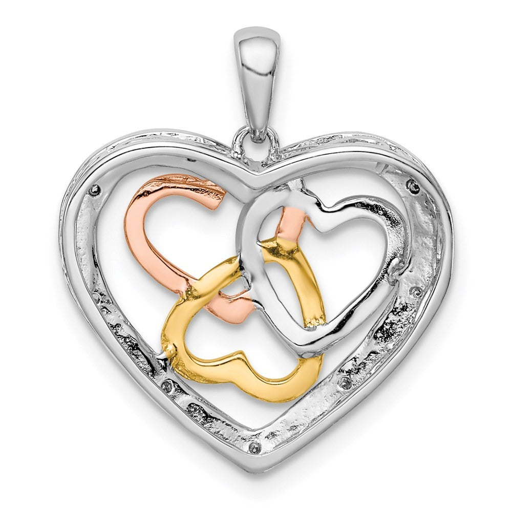 Sterling Silver Rhodium White, Yellow, & Rose Gold Plating Diamond Heart Pendant
