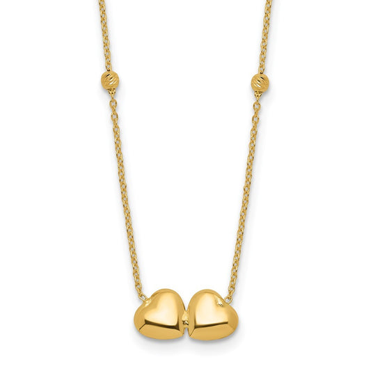 14k Yellow Gold Diamond-Cut Beaded Double Heart 16in w/2in ext. Necklace