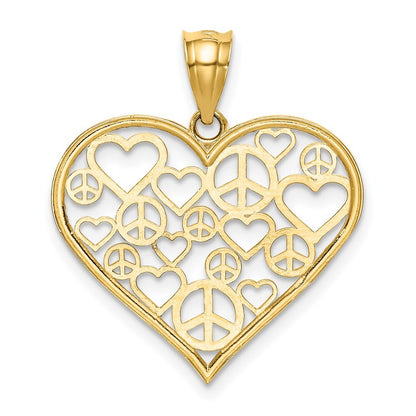 14k Yellow Gold Polished Hearts and Peace Signs in Heart Pendant for Women