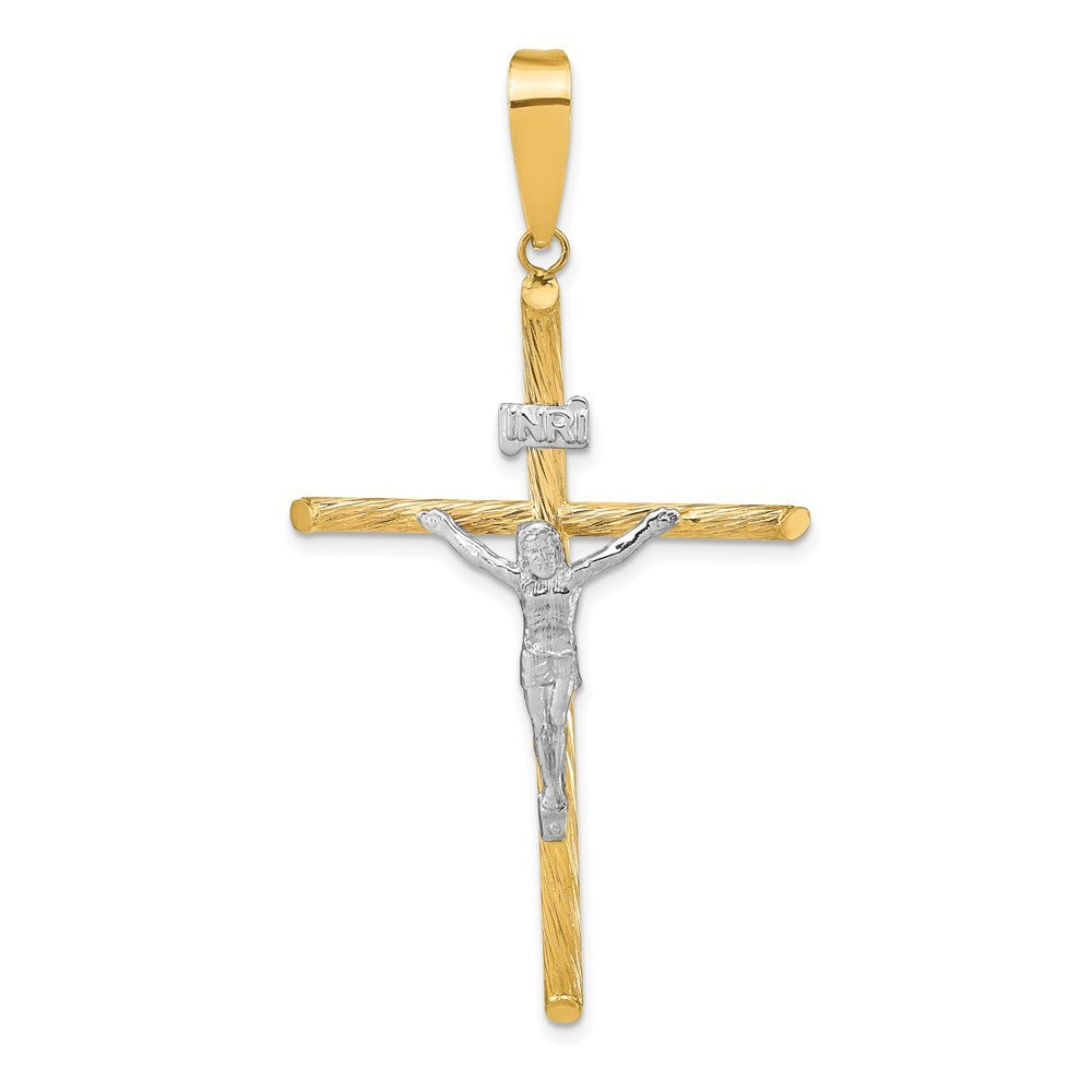 14k Yellow Gold w White Rhod Polished & Textured INRI Crucifix Cross Pendant