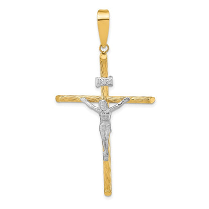 14k Yellow Gold w White Rhod Polished & Textured INRI Crucifix Cross Pendant