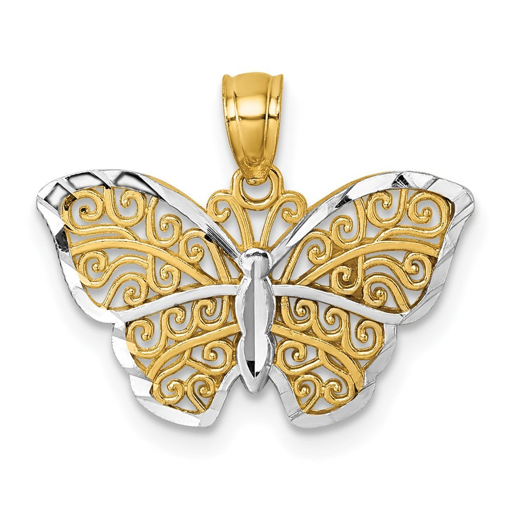 14k Yellow Gold Polished with Rhodium Diamond-cut Filigree Butterfly Pendant