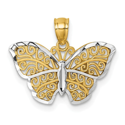 14k Yellow Gold Polished with Rhodium Diamond-cut Filigree Butterfly Pendant