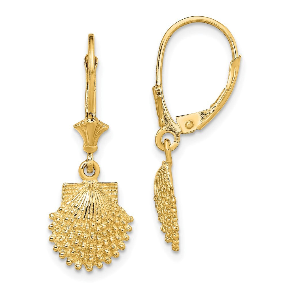 14k Yellow Gold 2-D Beaded Scallop Shell Drop Dangle Earrings