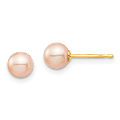 14k Yellow Gold 5-6mm Pink Round Freshwater Cultured Pearl Stud Earrings