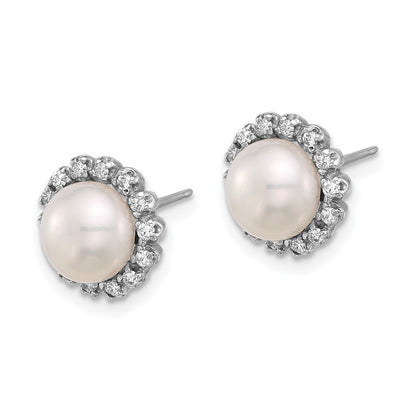 14k White Gold 8mm Button Freshwater Cultured Pearl & Diamond Stud Earrings