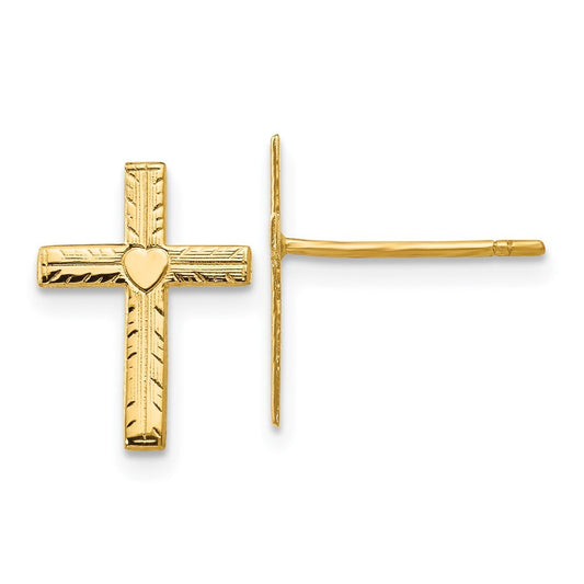 14k Yellow Gold Polished & Satin Heart Cross Stud Earrings Gift for Women