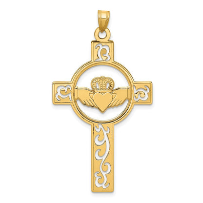 14k Yellow Gold Laser Cut Claddagh Cross Charm Pendant for Women