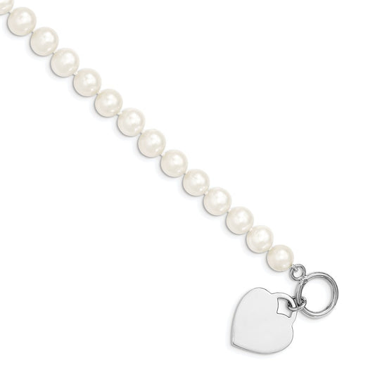 Sterling Silver 8-9mm White Near-Round Cultured Pearl Heart Toggle 7.5" Bracelet