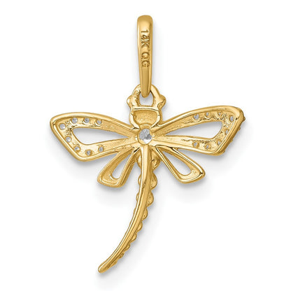 14k Yellow Gold Polished and Beaded CZ Dragonfly Charm / Pendant