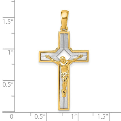 14k Two-tone Gold  Polished and Satin Crucifix With Square Cut Out Pendant