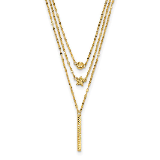14k Yellow Gold Three Layer Diamond-Cut Bead/Star/Bar Necklace