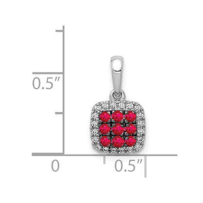 14k White Gold Diamond and .23 Ruby Square Halo Pendant for Women
