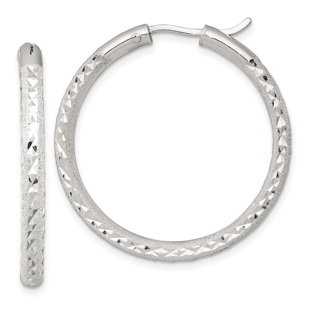 Sterling Silver Laser and Diamond-cut 35x3.25mm Hidden Catch Round Hoop Earrings