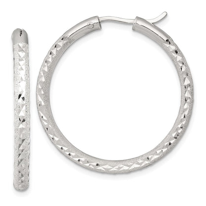 Sterling Silver Laser and Diamond-cut 35x3.25mm Hidden Catch Round Hoop Earrings