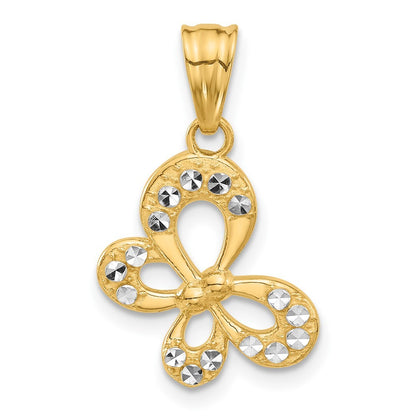 14k Yellow Gold and White Rhodium Polished and Diamond-Cut Butterfly Pendant