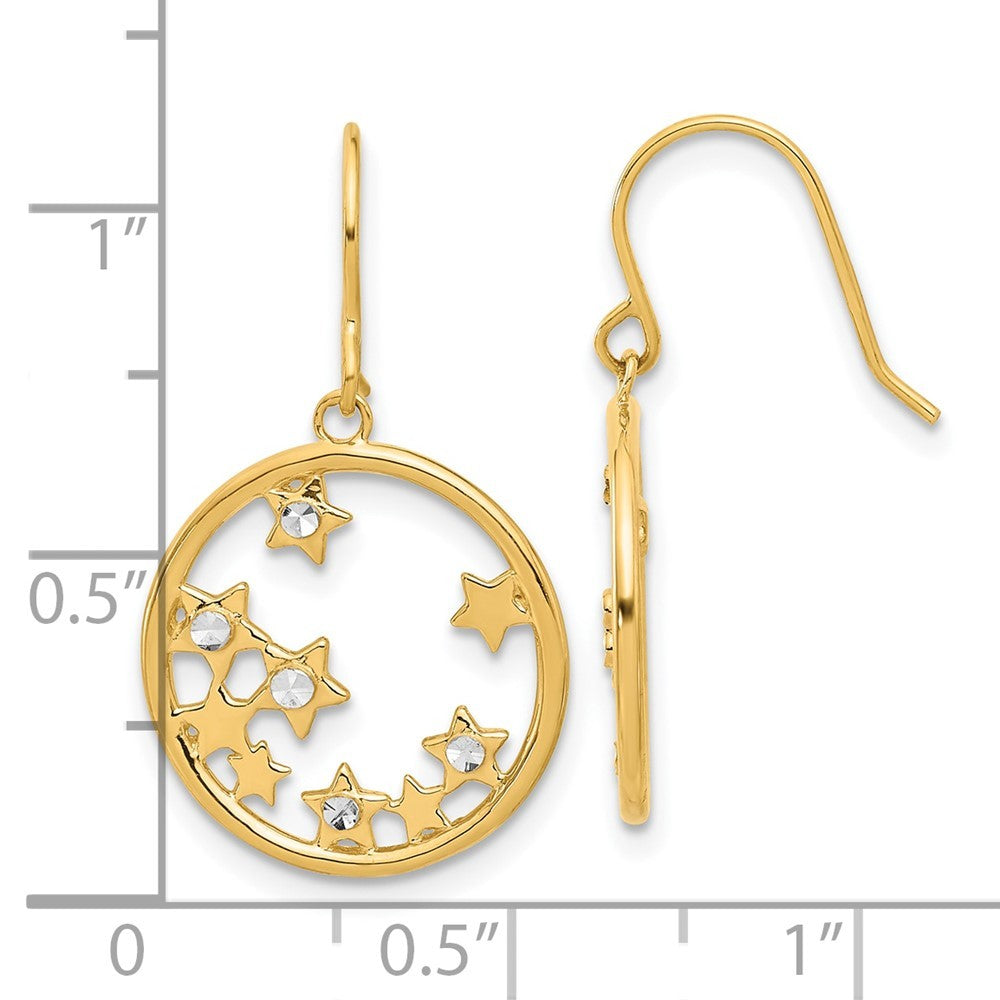 14k Yellow Gold and White Rhodium Diamond-Cut Stars in Circle Dangle Earrings