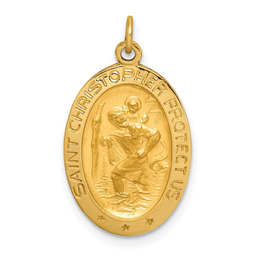 14k Yellow Gold Solid Polished/Satin Small Oval St. Christopher Medal Pendant