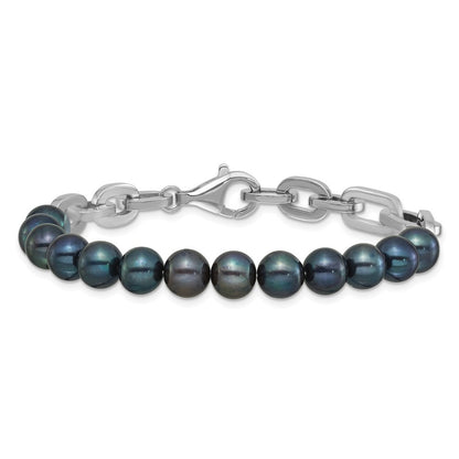 Sterling Silver Rhodium-plated 7-8mm Black Cultured Pearl Link 8" Bracelet