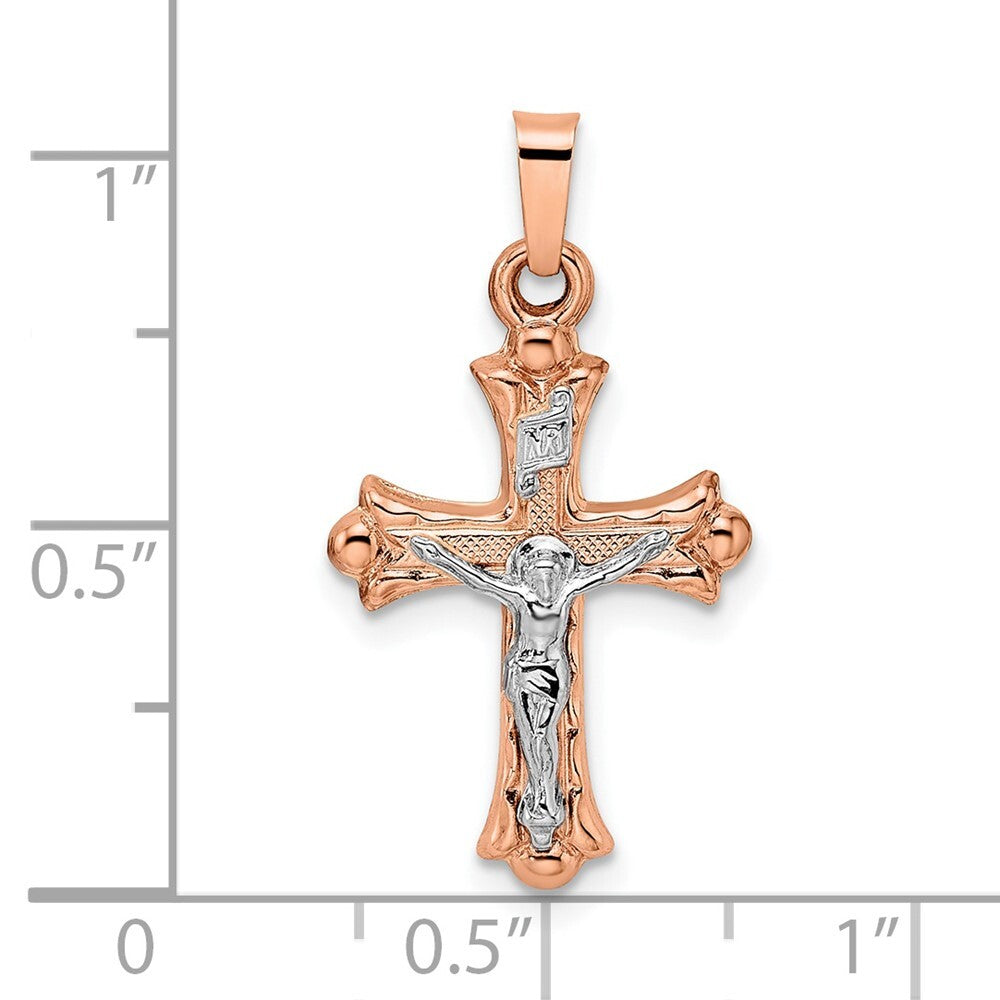 14k Two-tone Gold Rose and Polished Fleur de Lis INRI Hollow Crucifix Pendant