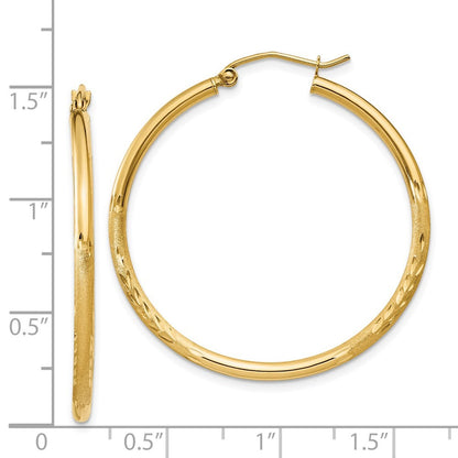14k Yellow Gold Satin and Diamond-cut 2mm Round Tube Hoop Earrings