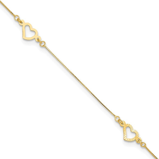 14k Yellow Gold Fancy Open Hearts 3-Station 11" Anklet