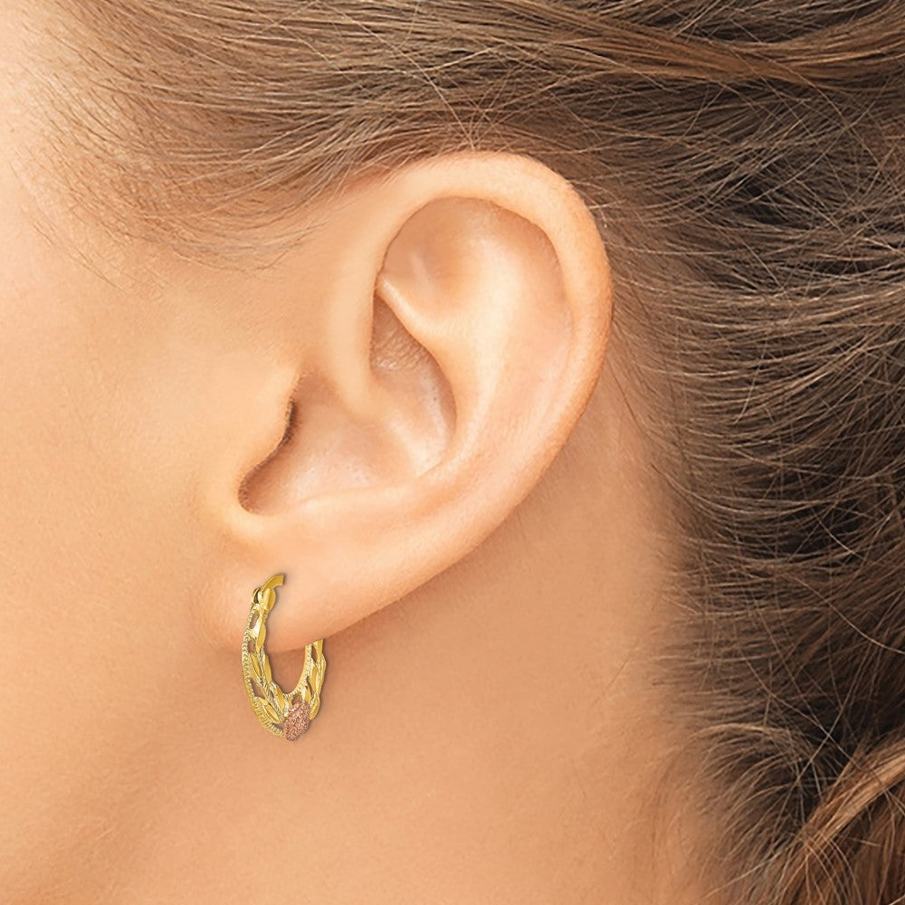 14K Two-tone Gold Diamond-Cut Flowers Hoop Earrings