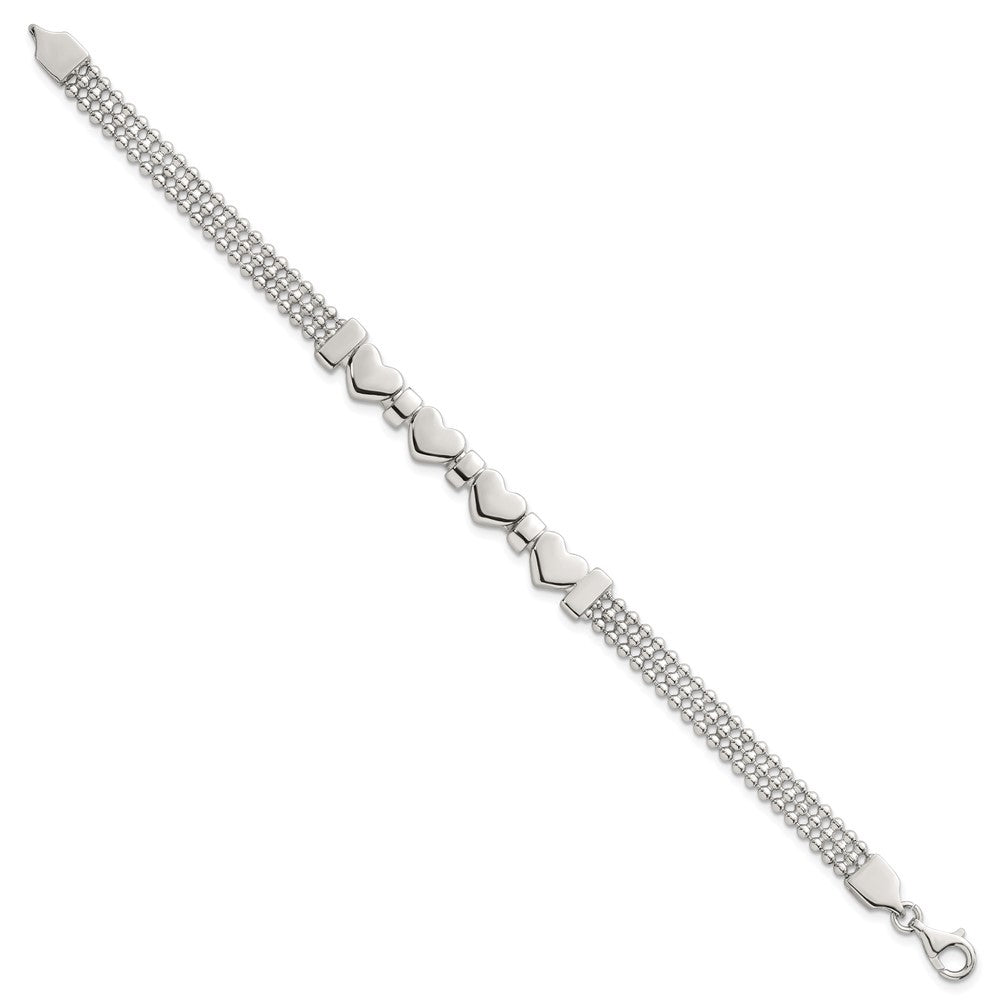 Sterling Silver Polished and Beaded 4-Hearts 7.25 Inch Bracelet