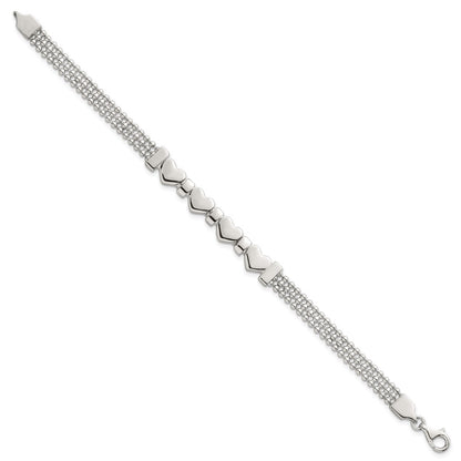 Sterling Silver Polished and Beaded 4-Hearts 7.25 Inch Bracelet