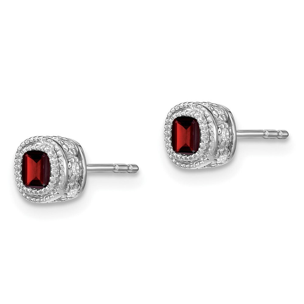 14k White Gold Cushion Garnet and Diamond Stud Earrings