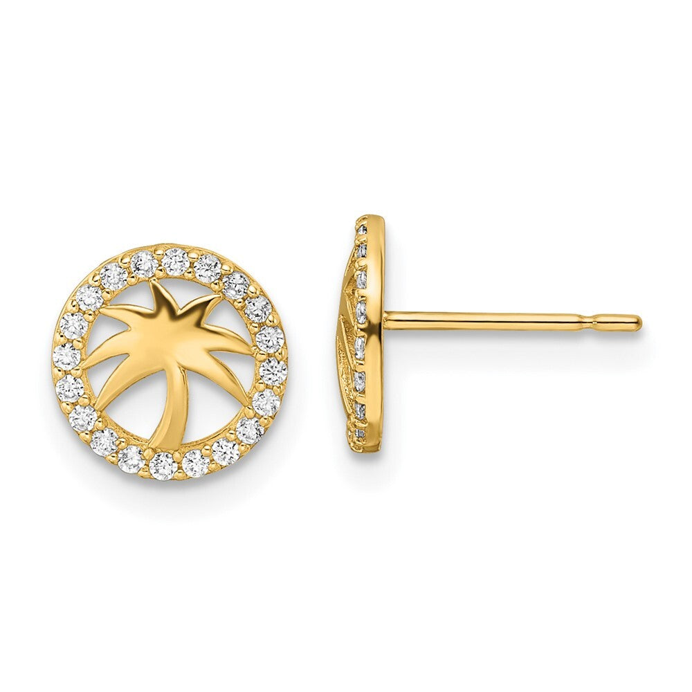14k Yellow Gold Cubic Zirconia Palm Tree Stud Earrings Gift for Women