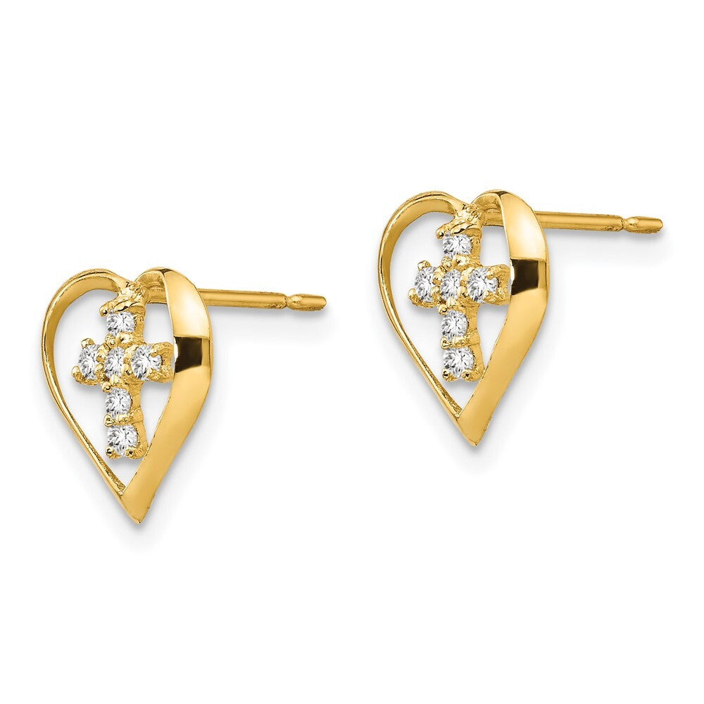 14k Yellow Gold Cubic Zirconia Children's Heart Cross Stud Earrings