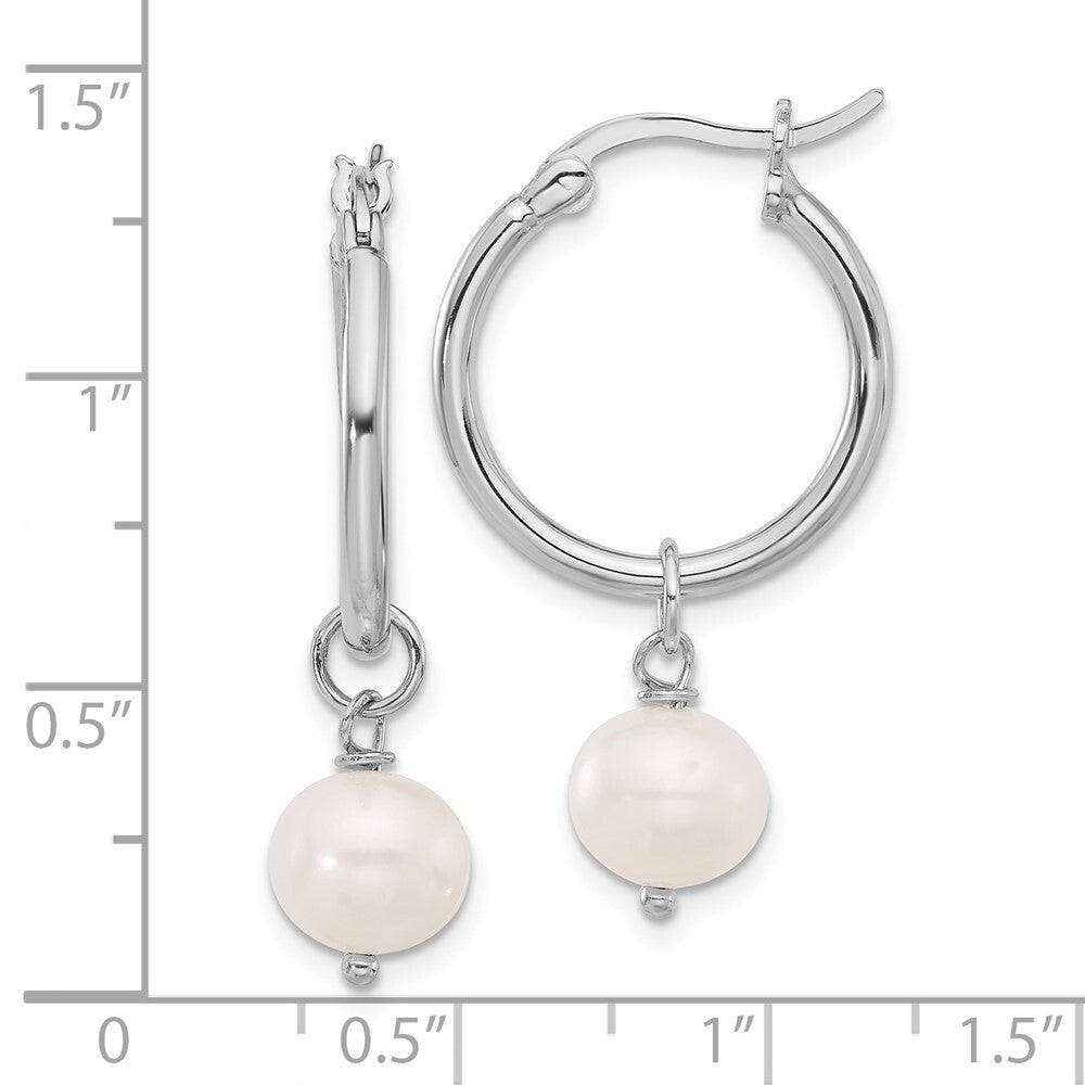 Sterling Silver 8-9mm White Near-Round Cultured Pearl Dangle Hoop Earrings