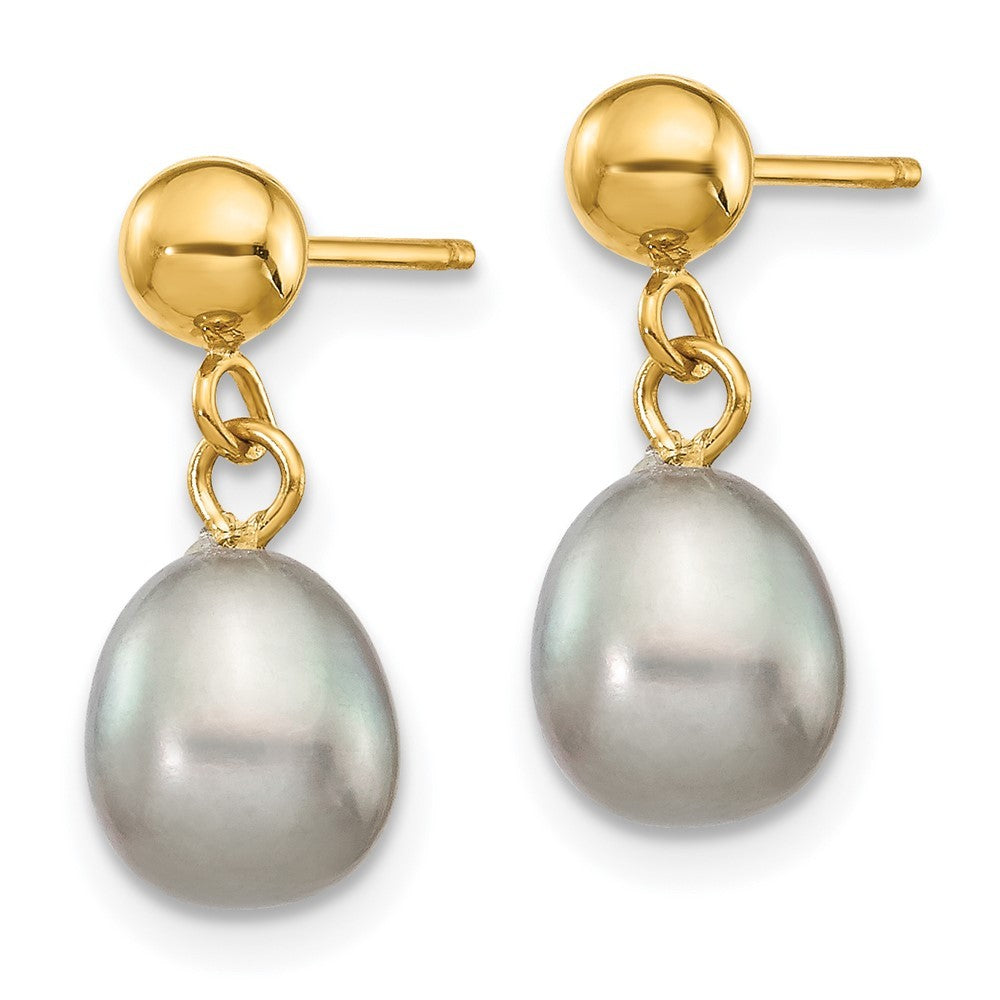 14k Yellow Gold 6-7mm Grey Rice Freshwater Cultured Pearl Post Dangle Earrings