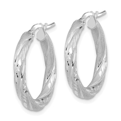 14k White Gold 3mm Polished & Satin Diamond-Cut Hoop Earrings Gift for Women