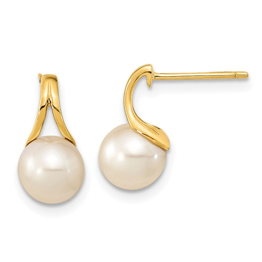 14k Yellow Gold 7-8mm White Round Freshwater Cultured Pearl Stud Earrings