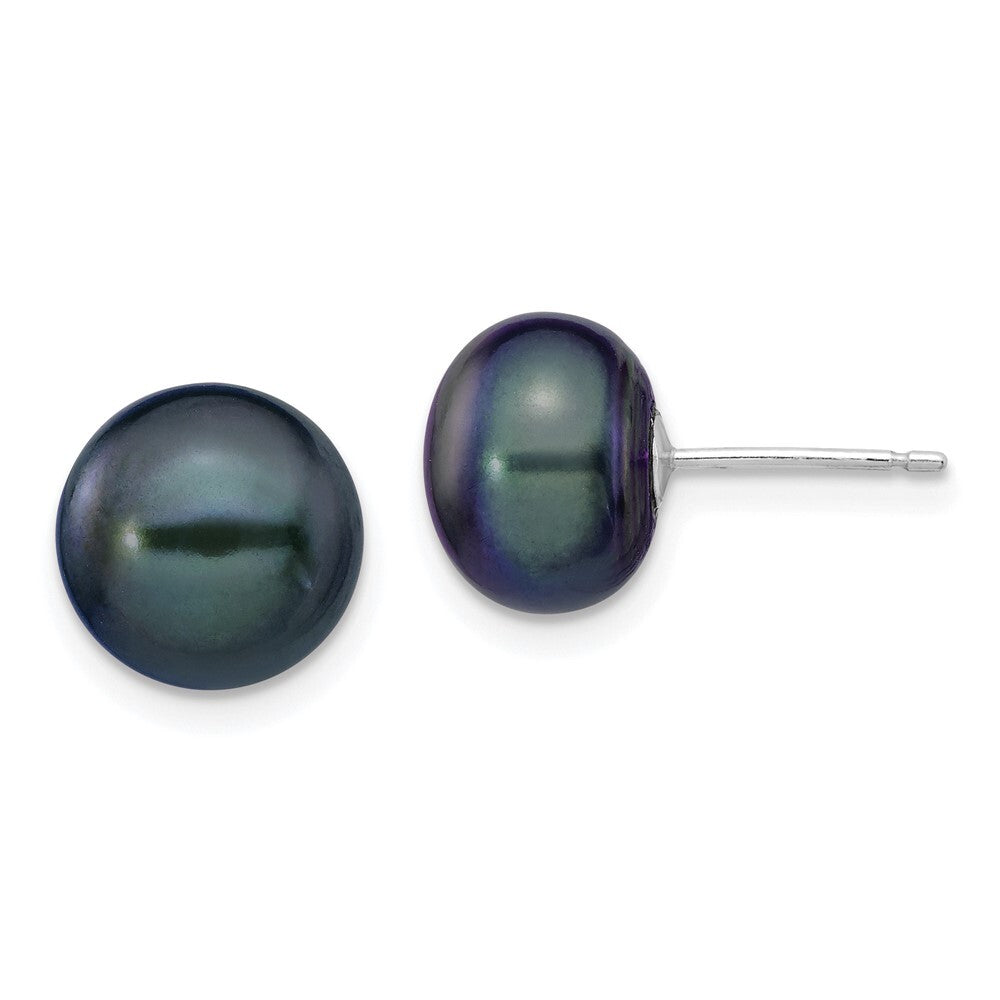 14k White Gold 9-10mm Black Button Freshwater Cultured Pearl Stud Earrings