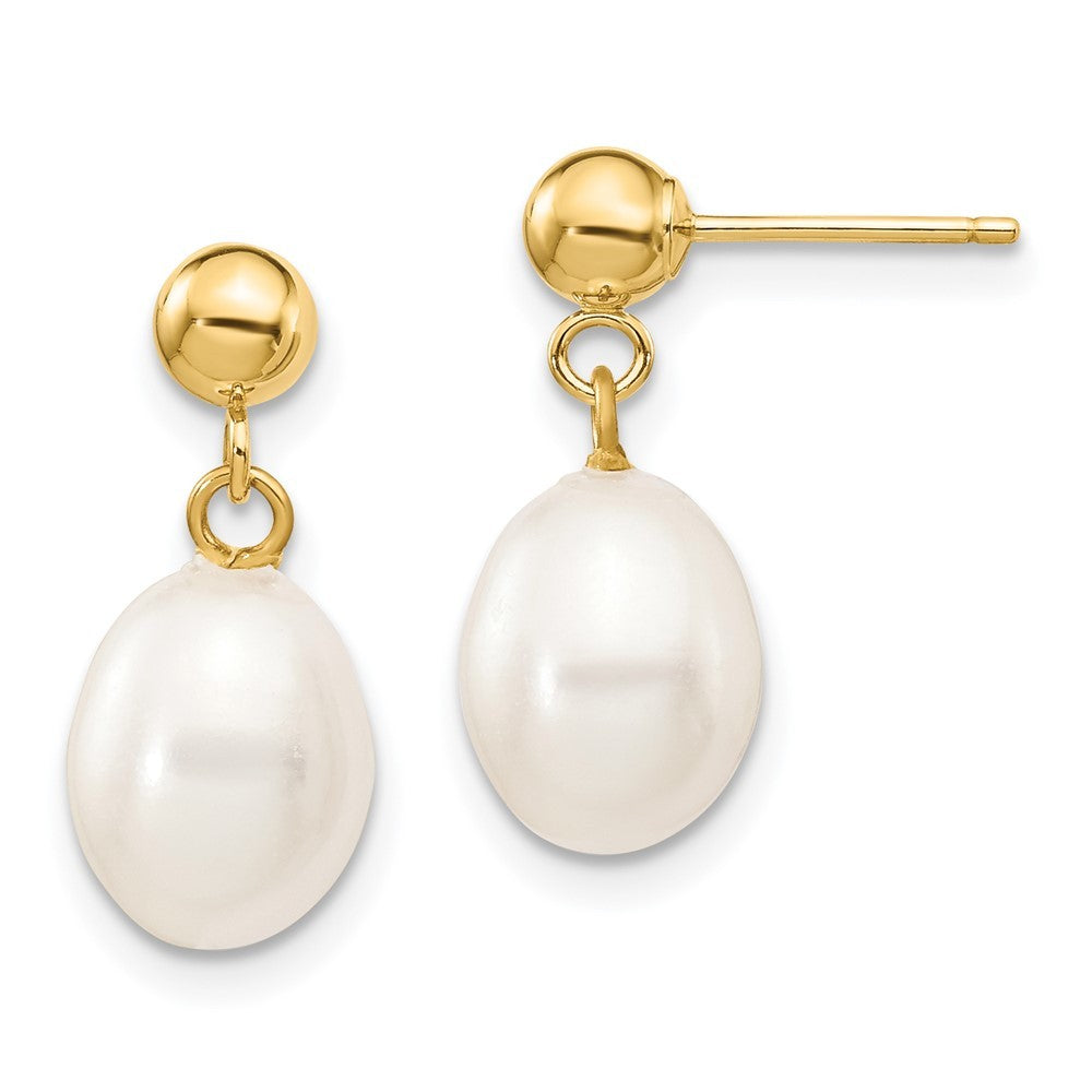 14k Yellow Gold 7-8mm White Rice Freshwater Cultured Pearl Post Dangle Earrings