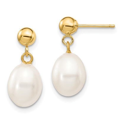 14k Yellow Gold 7-8mm White Rice Freshwater Cultured Pearl Post Dangle Earrings