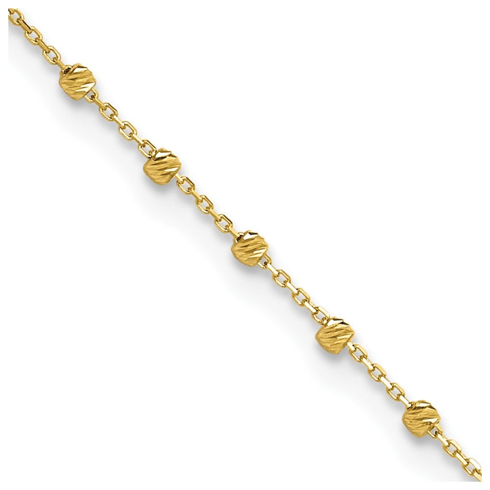 14k Yellow Gold Diamond-cut Bead and Chain 9" Plus 0.75" Extender  9.75" Anklet