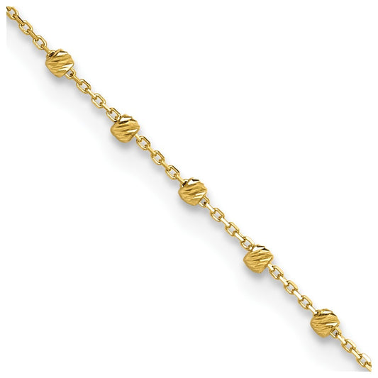 14k Yellow Gold Diamond-cut Bead and Chain 9" Plus 0.75" Extender  9.75" Anklet
