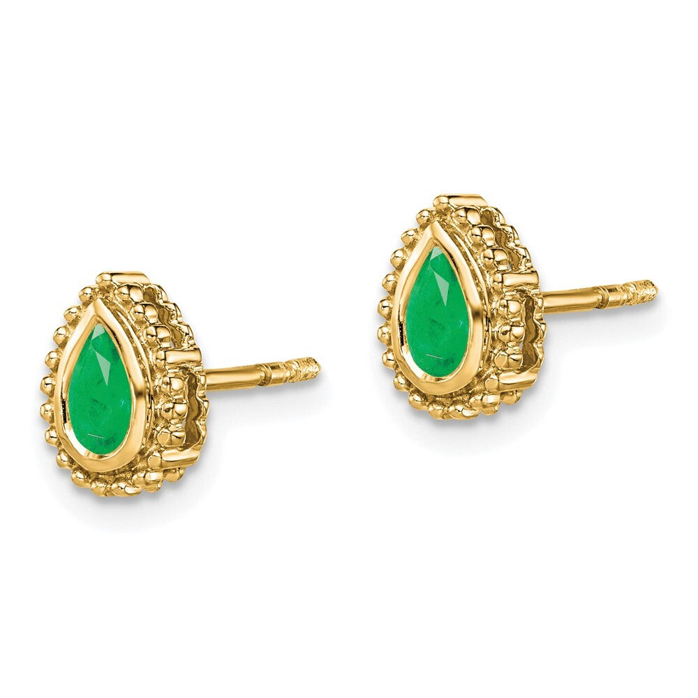 14k Yellow Gold Pear Emerald Stud Earrings