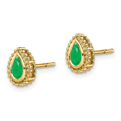 14k Yellow Gold Pear Emerald Stud Earrings