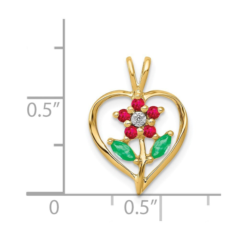 14k Yellow Gold Siam Ruby/Emerald/Diamond Flower in Heart Pendant for Women