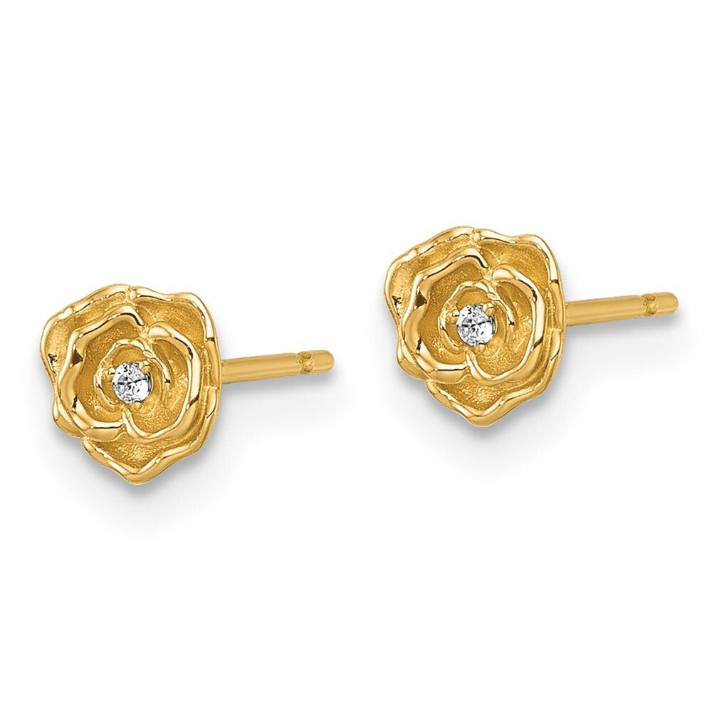 14k Yellow Gold Polished Cubic Zirconia Rose Stud Earrings Gift for Women