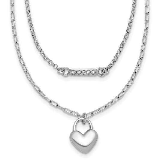 Sterling Silver Rhodium-plated CZ Puffed Heart 2-strand Necklace 16" with 2" ext