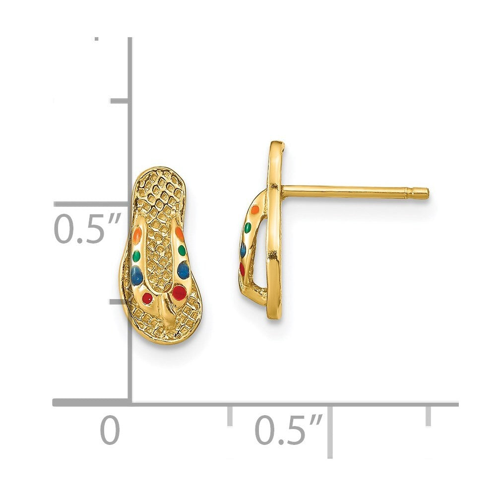 14k Yellow Gold 3D Multi-Color Enamel Flip-Flop Stud Earrings Gift for Women