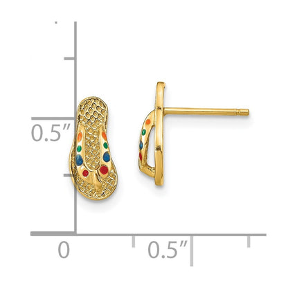 14k Yellow Gold 3D Multi-Color Enamel Flip-Flop Stud Earrings Gift for Women
