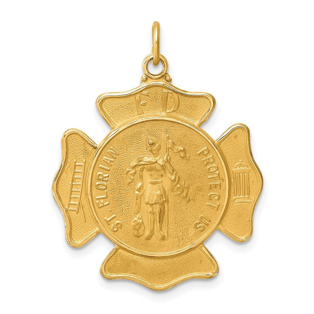 14k Yellow Gold Solid Polished Satin Large St. Florian Fire Dept. Badge Medal